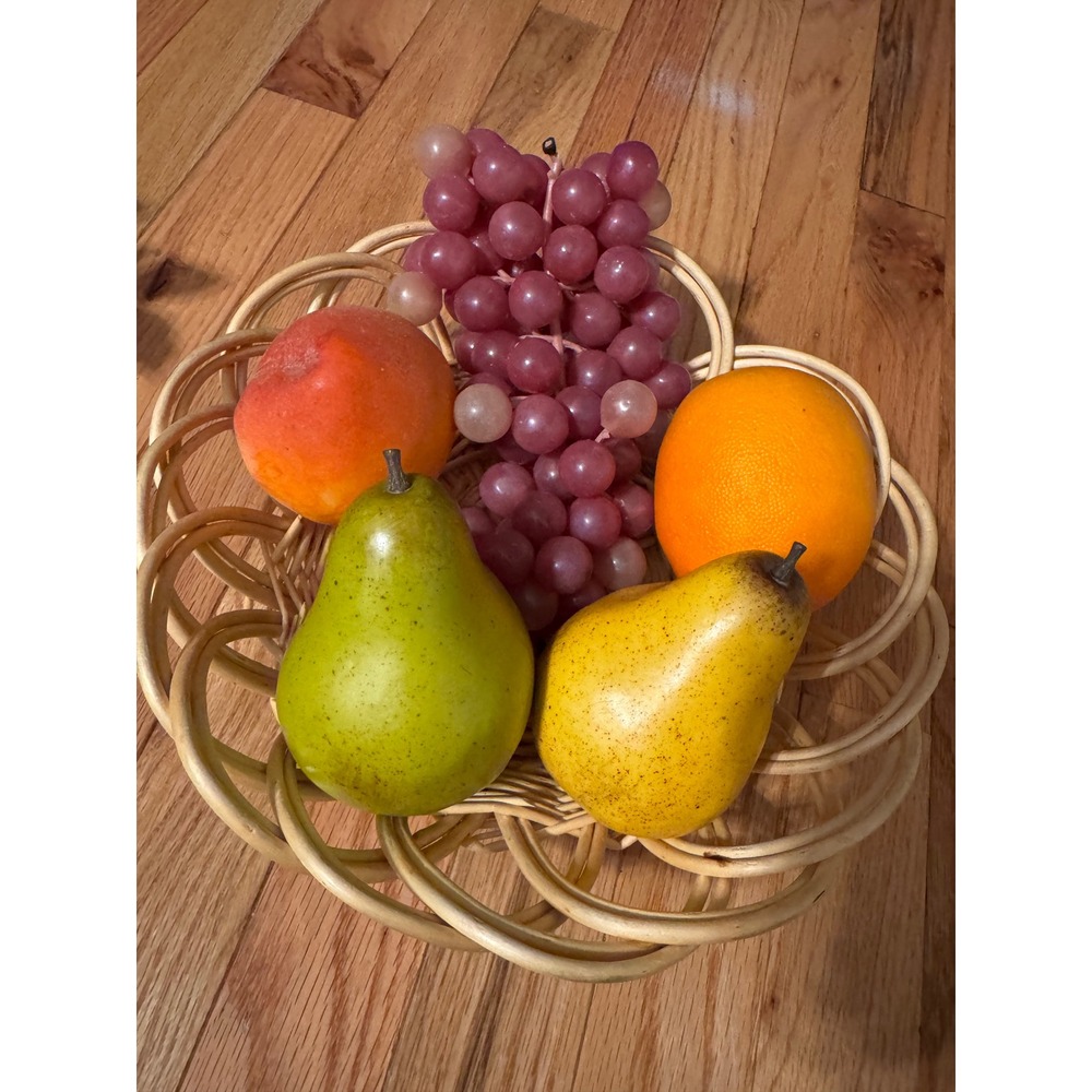 Vintage Faux Fruit Set with Woven Wicker Basket Decorative Centerpiece 6 Piece
